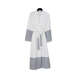 Kimpton Style Striped Turkish Robe - One Size Fits Most - Long Bath Robe - White with Blue Accent Stripes