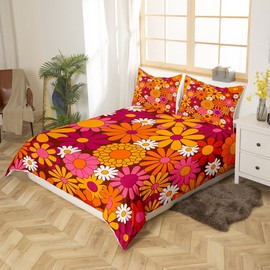 Groovy 60s 70s Retro Hippie Flower Duvet Cover Set for Boys Teens Vintage Boho Plant Floral Duvet Cover Set for Boys Teens Double Bed Bedding Set Botanical Blossom