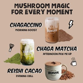 Renude Variety Pack - Mushroom Matcha, Coffee & Hot Chocolate, Cacao Powder, Natural Vegan Superfoods, Coffee Alternative with Chaga & Reishi - 2 Chagaccino, 2 Chaga Matcha, 2 Reishi Cacao (6 Count)