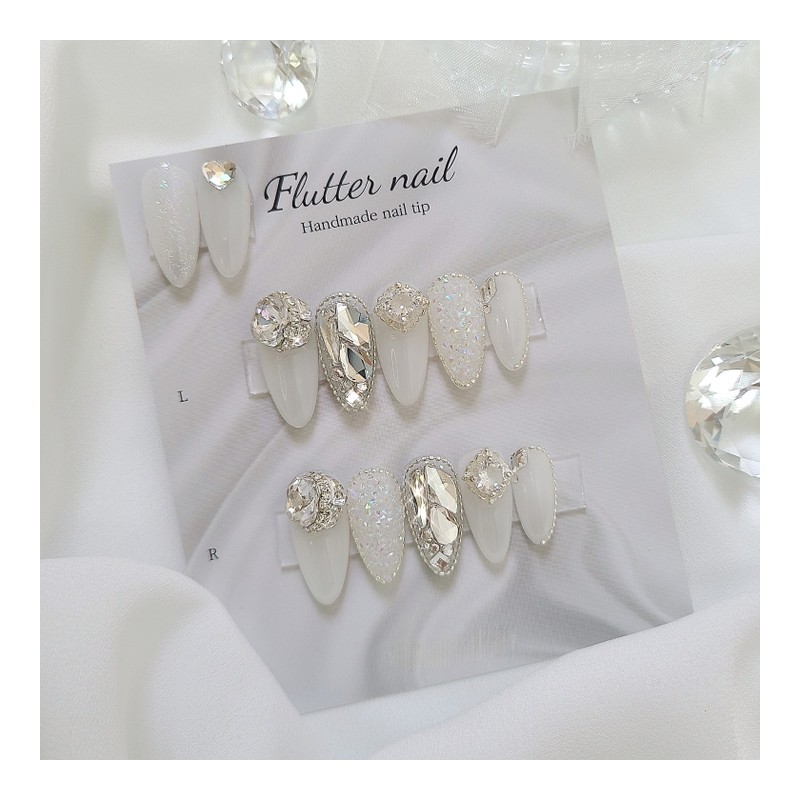 Stone-filled wedding handmade nail tips - Petit round / 스톤