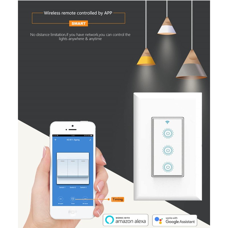 Nexete Smart Wi-Fi Triple Light Switch,3 Individual Single Pole Switch,Remote
