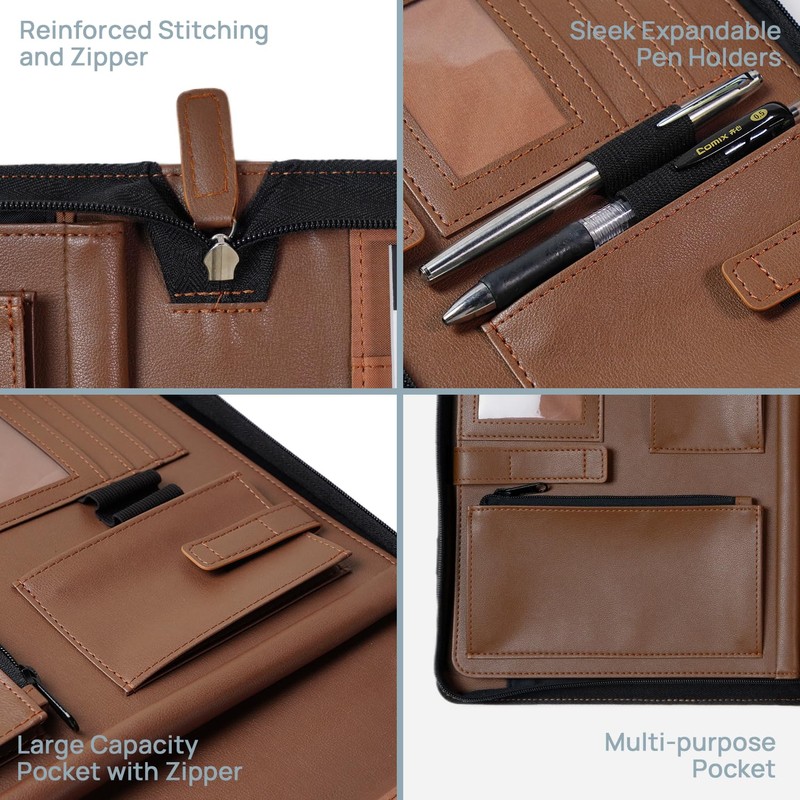 POPRUN Portfolio Binder with Zipper, Leather Padfolio Document Organizer with