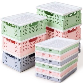 Hushee 12 Pcs Mini Pastel Plastic Storage Baskets with Lids Small Collapsible Crates Mini Mesh Storage Bins Folding for Bedroom Pencils Office Desktop Drawer Organizer 5.55 x 4.13 x 2.32 in
