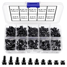 VooGenzek 200 Pieces 10 Values Micro Momentary Tactile Push Button Switch, 6 x 6 mm Tactile Push Button Switch, Button Micro Tactile Switch Kit, Black