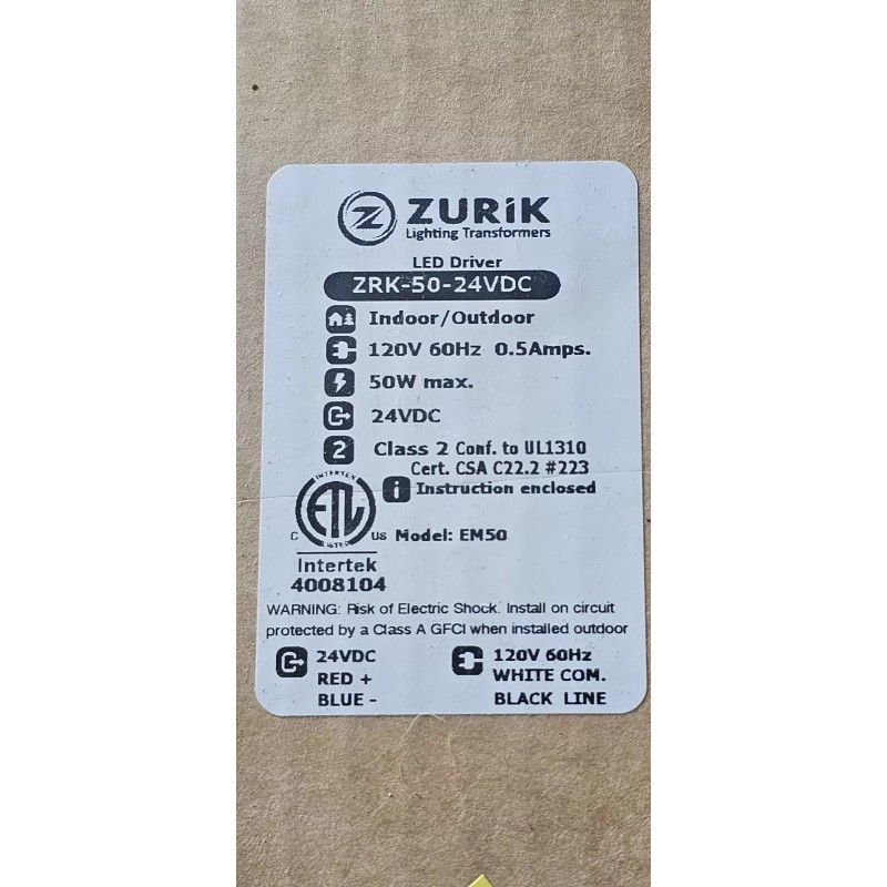 Zurik Led Lighting Driver Zrk-50-24vdc 50 Watt 24v Dc Class