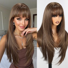 HAIRCUBE Long Straight Wigs for Women Layered Synthetic Wig with Bangs Mixed Brown Color for Daily