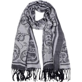 Women's Pashmina Shawl Paisley Pattern Scarf Tassels Wrap Colorful Ethnic (2005-Grey & Black)