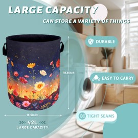 Colorful Flowers At Night Laundry Basket Floral Foldable Funny Laundry Hamper Oxford Cloth Tote Bag Clothes Storage Bucket Toy Organizer 18.9" x 16.5" For Bathroom/Laundry Storage/Bedroom