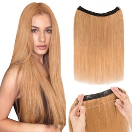 Silk-co Secret Wire In Hair Extensions No Clip Invisible Remy Human Hair One Piece Straight Natural Invisible Adjustable Secret Wire Hairpiece Extensions 14 Inch-60g #27 Dark Blonde
