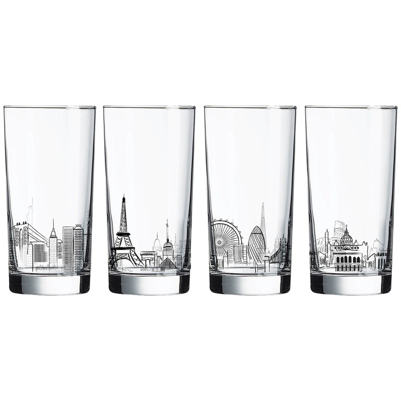 Luminarc 4 Piece Skylines 15.25 oz Assorted Decorated Coolers, Clear