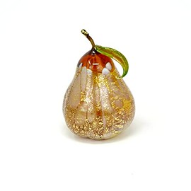 MY ITALIAN DÉCOR Murano Blown Glass Pear, 3'' Amber with White Macchia Dusted w/24k Gold, Hand Blown in Murano, Italy