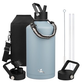 Konokyo Gallon Insulated Water Bottle with Straw,128 oz 3 Lids Water Jug with Carrying Bag,Paracord Handle, Double Wall Vacuum Stainless Steel Metal Flask,Storm Blue