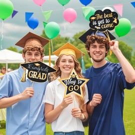 2025 Graduation Photo Booth Props, 2025 Grad Party Decorations Supplies Pose Signs Class of 2025 for College High School, Congratulations Grad with Large Card, 15 PCS Black & Gold