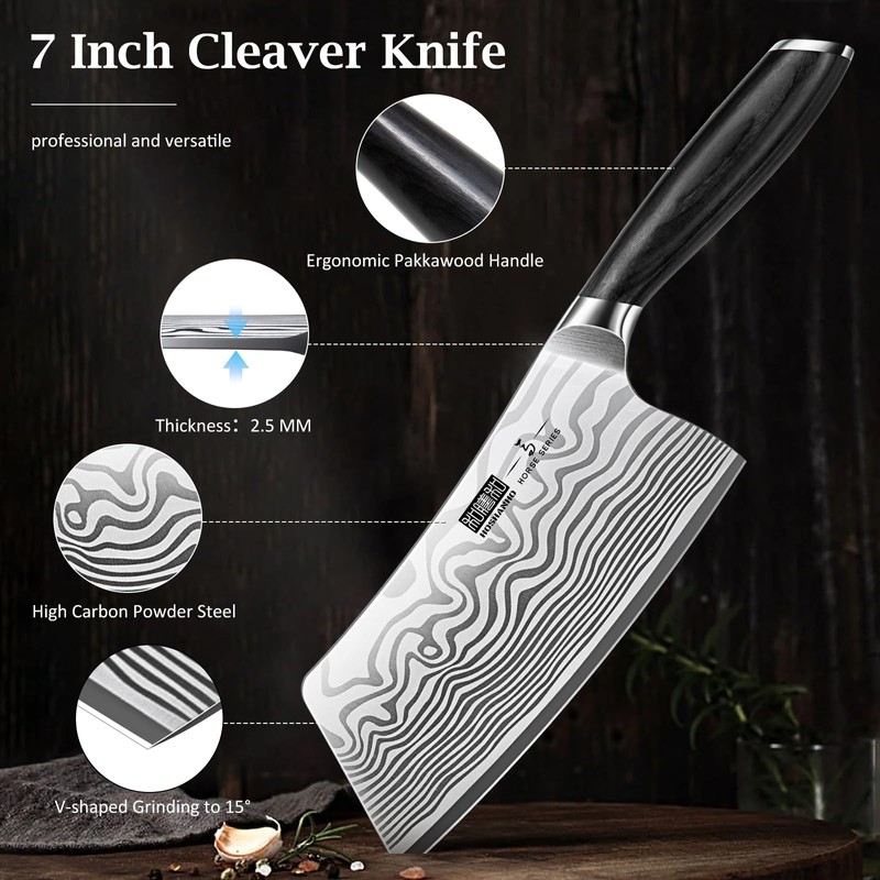 HOSHANHO Cleaver Knife 7 Inch, Razor Sharp High Carbon Powder