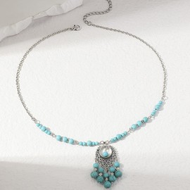 Rannyrena Vintage Boho Turquoise Beaded Forehead Chain Delicate Bead Ball Tassel Pendant Head Chain Bohemian Gypsy Belly Dance Party Costume Headband Headpiece for Women (Blue)