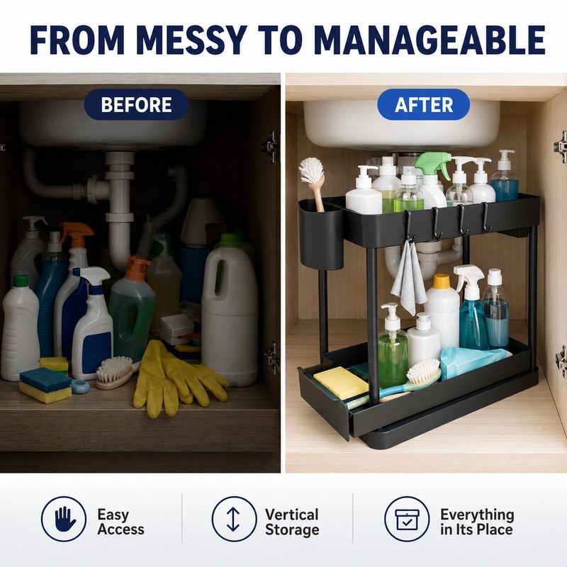 2-Tier Under Sink Organizer with Pull-Out Drawer & Hooks
