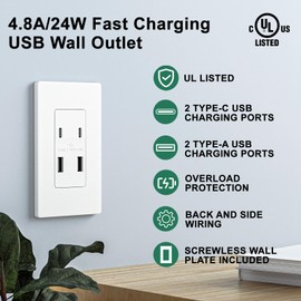 BRILLTECH - 4.8A/24W USB C & USB A High Speed Wall Outlet, 4 USB Wall Charger Ports, Multi Plug Vertical Plug, AC Electrical Replacement, Screwless Wall Plate