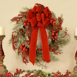 Floral Home Decor Red Velvet Christmas Bows -Gold Edge - Set of 4-14 Loops