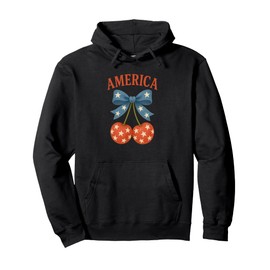 America Cherry Design Cute Patriotic Retro 4th of July Aesth Pullover Hoodie