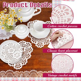 4 Pcs Valentines Day Heart Placemats 12 Inch Crochet White Lace Doilies Vintage Embroidered Table Mats for Dining Room Wedding Cup Vase Decorations