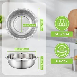 Offiper 304(18/8) Large Stainless Steel Mixing Bowls Set, 6 Pack 11.8" 5.29 Quart Big Silver Metal Food Prep Baking Bowl Heavy Duty with Flat Base for Kitchen Cooking Serving Storage Dishwasher Safe