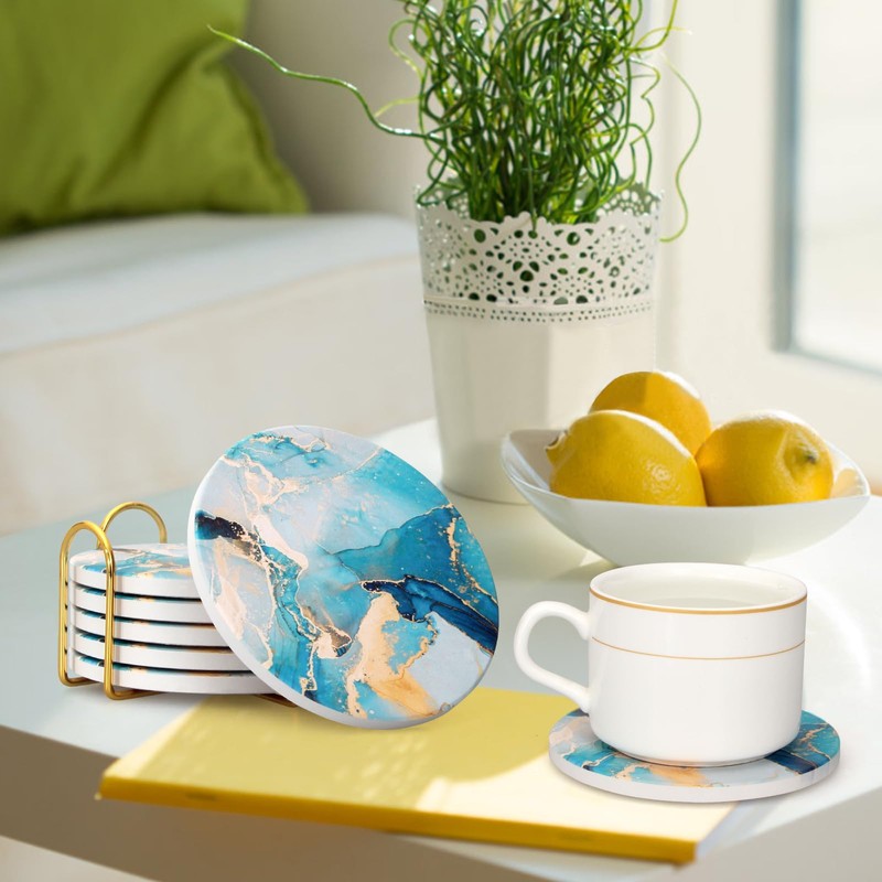 6 Pcs Light Blue Marble Abstract Ceramic Coasters with Holder
