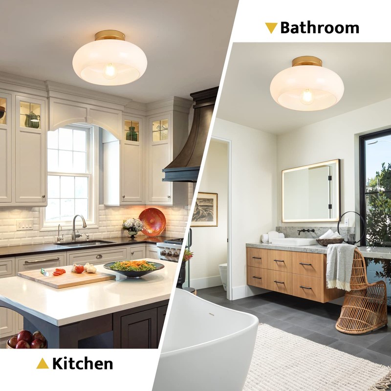 WOKNOS Mid-Century Modern Gold Semi Flush Mount Ceiling Light, Kitchen