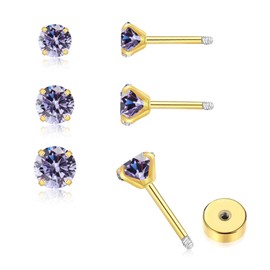 3Pairs CZ Stud Flat Screw Back Earring Studs for Women, Handmade 20G Hypoallergenic Screw Back Cartilage Helix Piercing Stud Earrings (2mm/3mm/4mm Gold, Alexandrite CZ)