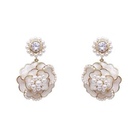 DIAMANTIO 18K Gold Plated Pearl Flower Drop Earrings with Cubic Zirconia – Elegant Vintage Floral Statement Earrings with Crystals for Weddings, Parties, and Special Occasions