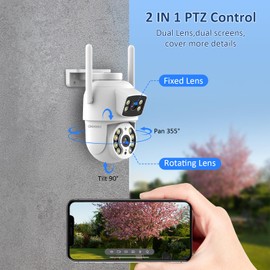 CiKiKWXO Dual Lens Security Camera Outdoor, 3MP+3MP 2.4G WiFi Camera for Home Security, 355° View, IP66, Auto Tracking, Human Detection, Color Night Vision, 2-Way Audio, 24/7 Record, Work with Alexa