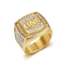 MIVEIVIA KING Ring ICED OUT Ring for men Wedding Rings for Men Letter Square ring Hip Hop ring Radiant Rings Bling Iced Out Jewelry Punk Ring Club ring Heavy Metal ring Party (GOLD, 9)