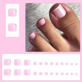 24 Pcs Pink Press on Short Toenails - MINGCHUN Summer Fake Toenails Press ons Glitter Toenail with Glistening Rhinestone Full Cover False Glue on Stick on Toenails Artificial Acrylic Toenail Art Kit