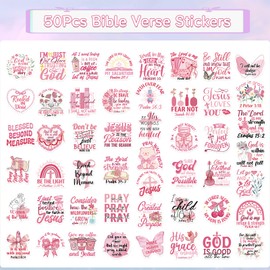 Falueqg Bible Verse Christian Stickers - 50Pcs Pink Jesus God Stickers, Inspirational Scripture Faith Based Decals, Religious Prayer Sticker for Women Teens Girls Decor Water Bottles Laptop Scrapbook