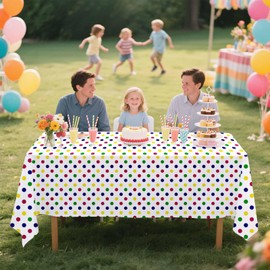 FALIZIFU 2 Pack Rainbow Polka Dot Tablecloth Disposable 54 × 108 Inch White and Colorful Dot Plastic Table Cover Rectangle Tablecloth for Party Baby Shower Birthday Table Cloth Disposable