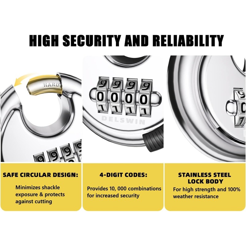 DELSWIN 4 Digit Combination Disc Padlock with Hardened Steel Shackle