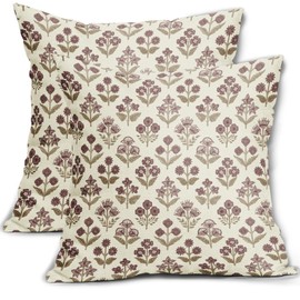 Brown Burgundy Red Floral Block Print Pillow Covers 18x18 Inch Set of 2, Vintage Flower Pattern Decorative Throw Pillowcases Outdoor Farmhouse Cushion Covers Spring Summer Rustic Sofa Couch Bed Decor