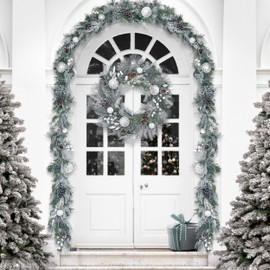 Valery Madelyn 30 Inch Pre-Lit Christmas Wreath for Front Door with Lights, Large Lighted Christmas Wreath with Silver White Xmas Ball for Fireplace Window Outdoor Table Centerpiece Holiday Decoration