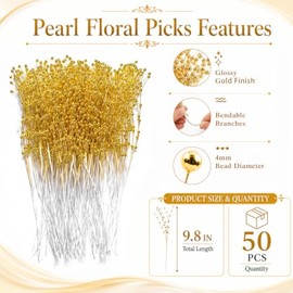 50 varillas de 4 mm con abalorio de perlas para decoración de mesa de boda, fiesta de boda (dorado)
