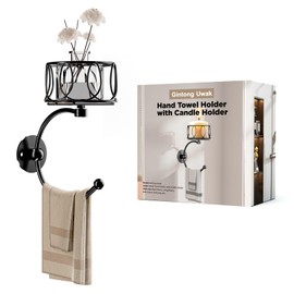 Hand Towel Holder for Bathroom, Towel Hooks for Bathroom with Candle Holder, Wall Mounted Towel Hook for Hanging, Rustic Wall Towel Ring, Towel Racks for Bathroom Decor and Accessories, Black