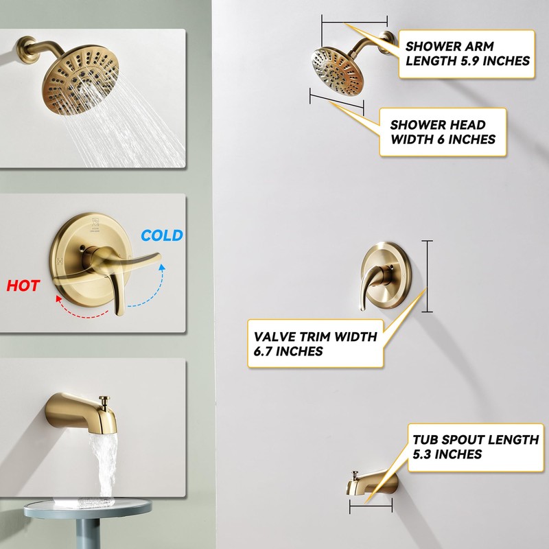 Shower Tub Faucet Sets Complete with Diverter, 5 Spray Settings,