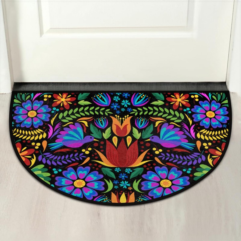 GISPOG Mexican Flowers Birds Half Round Door Mat,Indoor Entrance Rug,