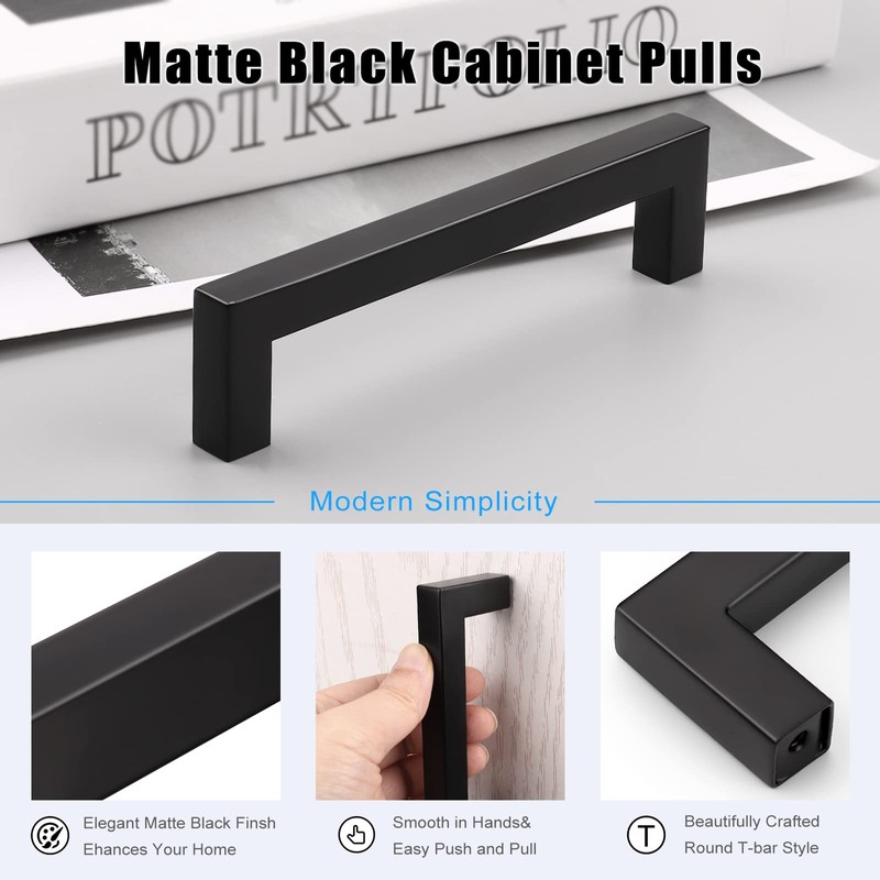 KNOBWELL 10 Pack 5" Matte Black Modern Cabinet Handles Stainless