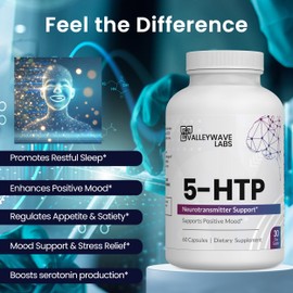 Valleywave Labs 5-HTP - 200mg 5HTP Supplement (5-Hydroxytryptophan) to Support Mood Plus Sleep*, Stress Relief*, 60 Capsules - 30 Day Supply, Made in USA