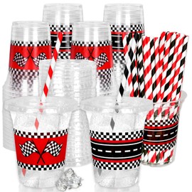 FYSUIMU 50Pcs Race Car Birthday Disposable Plastic Cups with Lids and Straws 12Oz Red Black Checkered Flag Race Track Cold Beverage Drink Cups for Racing Car Party Supplies