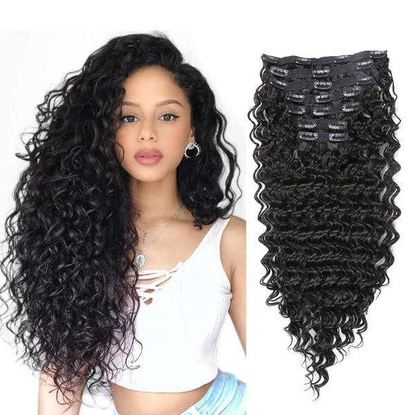 Clip in Hair Extensions Synthetic hair Clip in 140G 7Pcs/Lot Japanese Heat Resistant Fiber Hairpieces Deep Wave/Body Wave/Straight hair (Deep Wave, Natural Black 1B#)