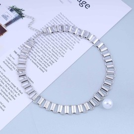 Wendalern Pearl Choker Necklace Silver Geometric Chain Necklace Choker Simple Pearl Chain Necklace Punk Chunky Statement Necklace Thick Collarbone Necklace Jewelry for Women Girls