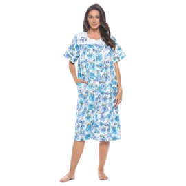 Casual Nights Women's Snap - Front House Dress Short Sleeve Woven Housecoat Duster Lounger Robe with Pockets - Blue Butterfly - 3X-Large
