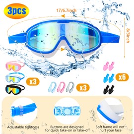 Konohan 3 Pack Adult Swim Goggles Swimming Wide Goggles No Leaking Anti Fog Glasses with Nose Clips Ear Plugs(Dazzling Lenses)