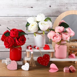 Karenhi 13 Pcs Valentine's Day Decor Valentine Mason Jar Table Centerpiece Artificial Rose Flower Wooden Heart and Beaded Garland for Valentine Tiered Tray Table Office Decor(Valentine's Day Style)