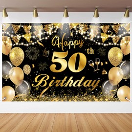 50th Birthday Decorations, Waylipun Happy 50th Birthday Backdrop Banner Photo Booth Sign Decoration, Large Black Gold Birthday Banner Background for Men Women 50th Birthday Party, 180×110cm